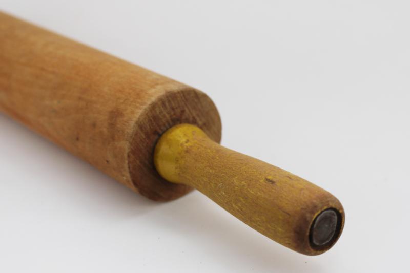 farmhouse kitchen vintage wooden rolling pin, hardwood w/ old yellow painted handles