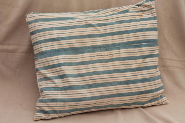 farmhouse primitive vintage feather pillow w/ wide indigo stripe cotton ticking fabric