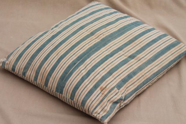farmhouse primitive vintage feather pillow w/ wide indigo stripe cotton ticking fabric