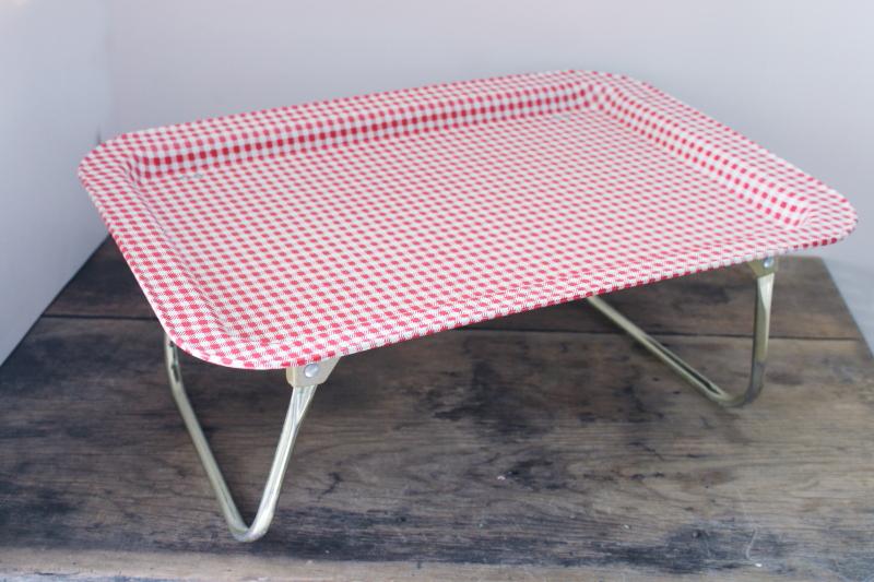 farmhouse red gingham print metal lap tray, folding vintage bed tray or TV dinner tray