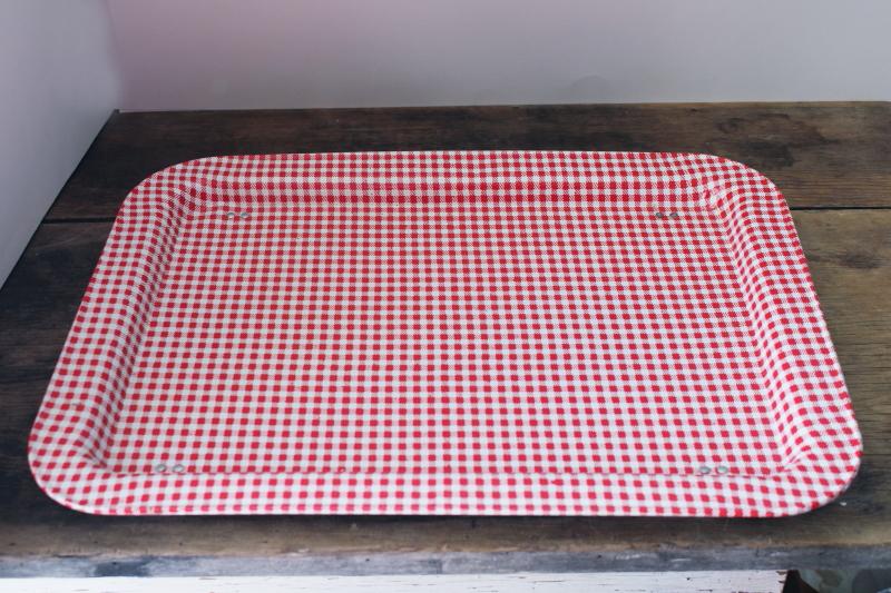 farmhouse red gingham print metal lap tray, folding vintage bed tray or TV dinner tray