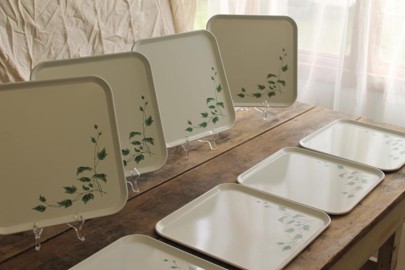 farmhouse style vintage metal tray set, eight square trays white w/ ivy