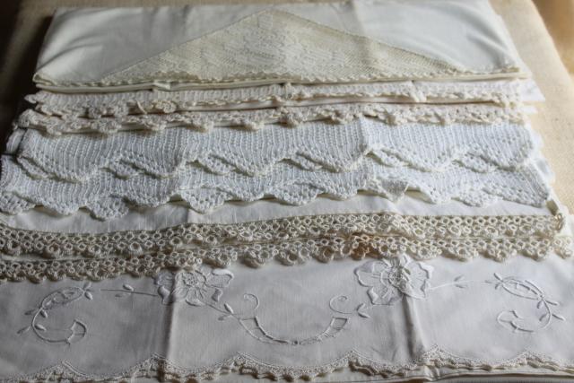 farmhouse vintage all white cotton pillowcases w/ tatting & crochet lace edgings