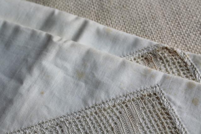 farmhouse vintage all white cotton pillowcases w/ tatting & crochet lace edgings