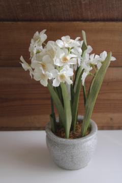 faux flowers winter potted bulbs paperwhites narcissus fake plants in pottery planter