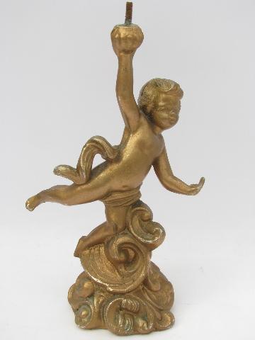 faux french bronze, vintage cast spelter lamp base, cupid figure in antique gold