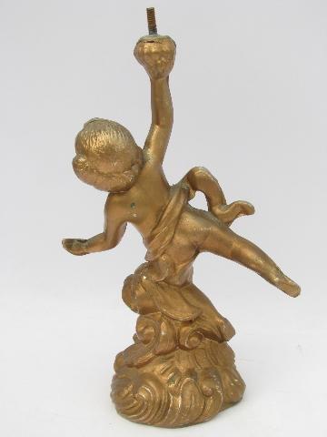 faux french bronze, vintage cast spelter lamp base, cupid figure in antique gold