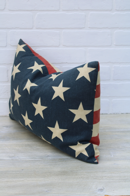 feather filled patriotic stars and stripes pillow, star print blue / red & white striped cotton