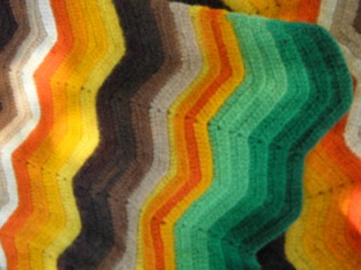 felted vintage crochet wool afghan throw blanket, orange/brown/green