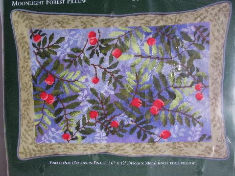 ferns & berries Elsa Williams needlepoint pillow kit, wool yarns