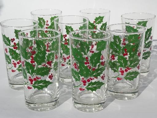 festive Christmas holly glasses, retro glass tumblers set of 8