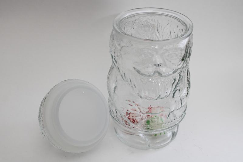 figural Santa glass jar, vintage Christmas candy or peanuts jar, canister w/ lid