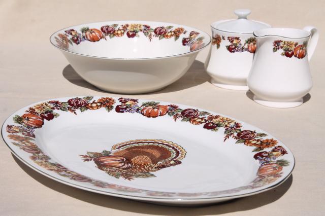 fine stoneware Thanksgiving china dinnerware w/ turkey & fall harvest pumpkins