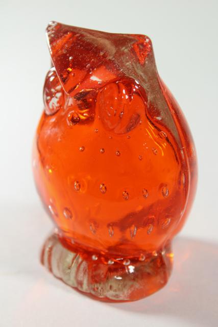 flame orange hand blown art glass paper weight figurine, retro owl figure