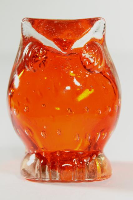 flame orange hand blown art glass paper weight figurine, retro owl figure