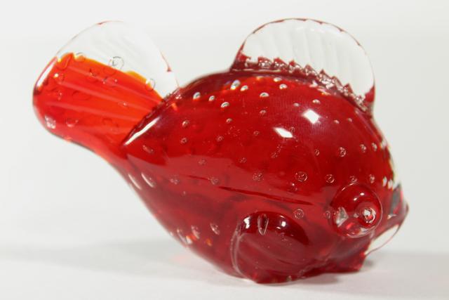 flame red orange goldfish paperweight, controlled bubbles art glass figurine