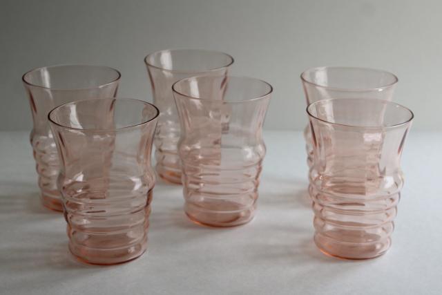 flamingo pink Heisey plateau stacked ring tumblers, vintage pink depression glass soda glasses