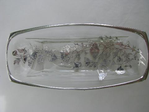 flanders poppy vintage silver overlay dish, old glass celery tray