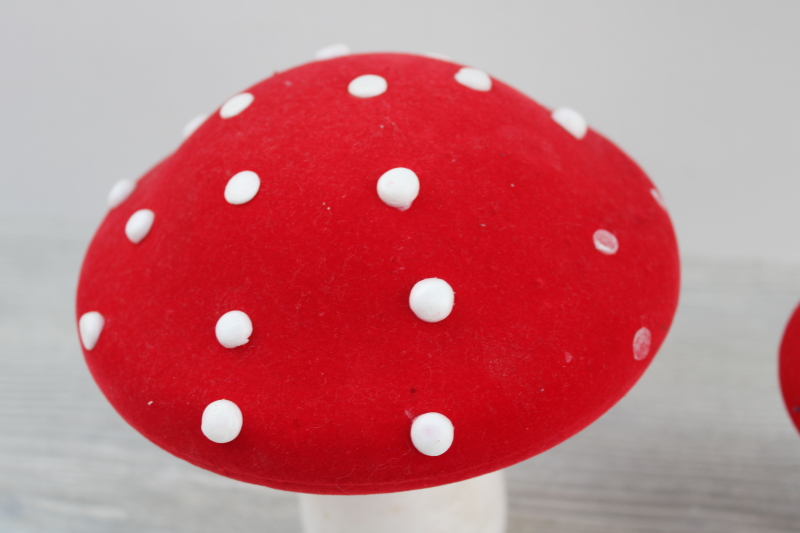 flocked mushrooms red  white amanita toadstool 70s vintage magic shrooms decor