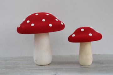 flocked mushrooms red  white amanita toadstool 70s vintage magic shrooms decor