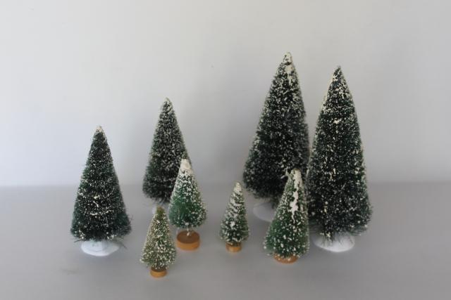 flocked snow bottle brush trees for farmhouse Christmas village or holiday decorations