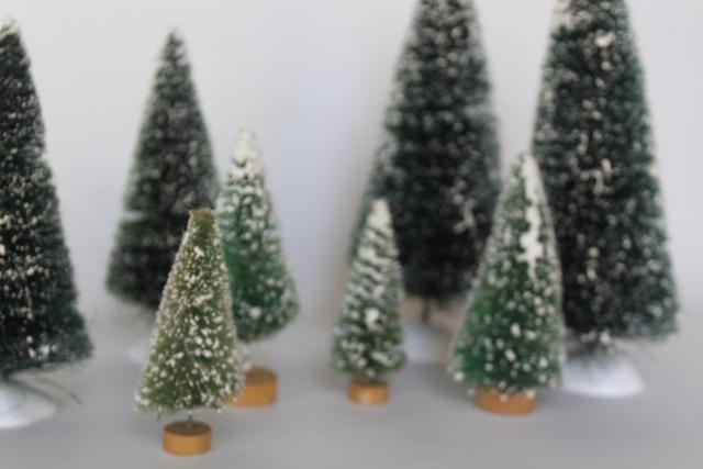 flocked snow bottle brush trees for farmhouse Christmas village or holiday decorations