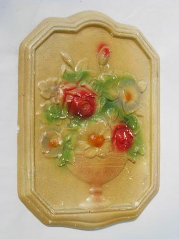floral bouquet vintage chalkware wall plaque, painted flowers