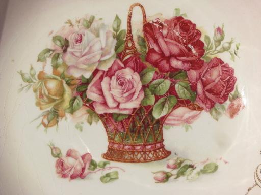 flower basket full of cabbage roses, large unmarked antique china bowl