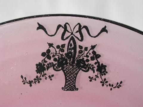 flower basket silhouettes, black on plum art deco vintage glass sandwich plate