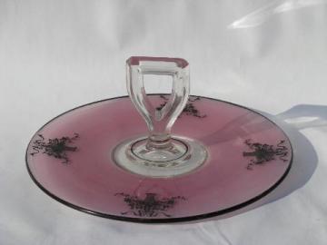 flower basket silhouettes, black on plum art deco vintage glass sandwich plate