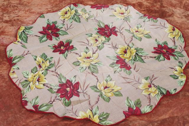 flower shaped vintage rugs - blanket stitched wool, cotton grain sack fabric & flowered barkcloth