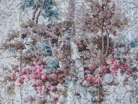 flowering trees and mill scene print vintage cotton barkcloth fabric, curtains lot
