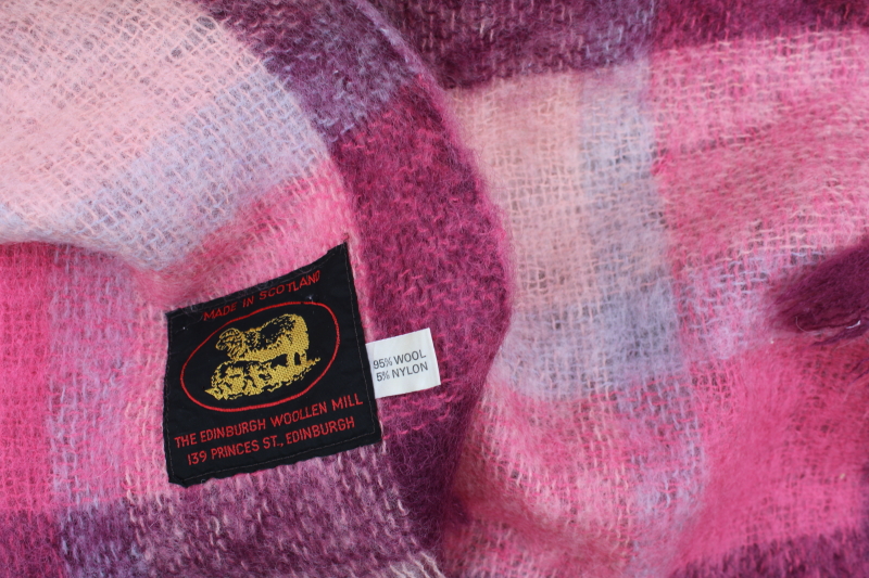 fluffy pink purple plaid mohair wool throw, vintage blanket woven in Scotland
