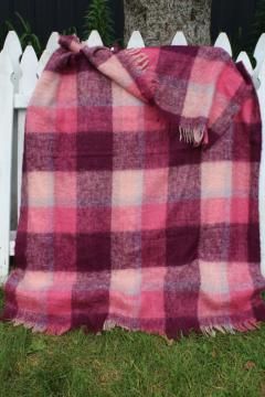 fluffy pink purple plaid mohair wool throw, vintage blanket woven in Scotland
