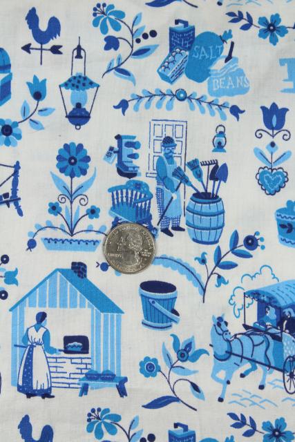 folk art village print blue & white vintage toile cotton fabric, country style