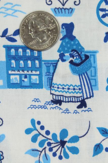 folk art village print blue & white vintage toile cotton fabric, country style