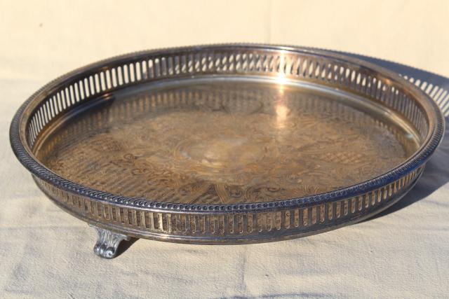 footed tray w/ round gallery rim, vintage silver plate tray for table or vanity
