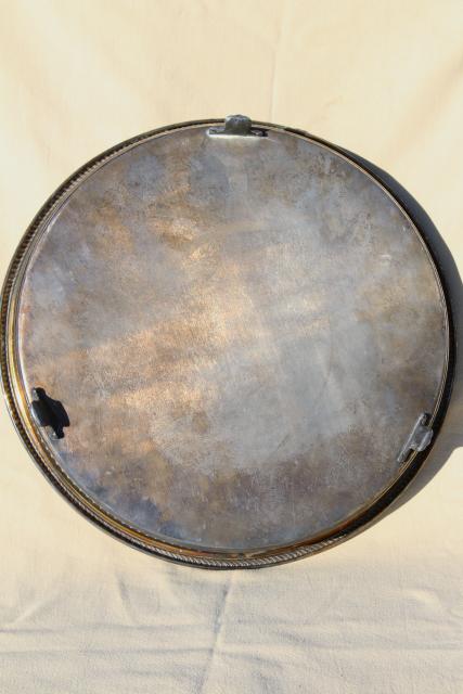 footed tray w/ round gallery rim, vintage silver plate tray for table or vanity