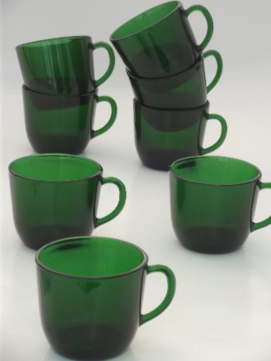 forest green glass cups for punch set or teacups, vintage French glass?