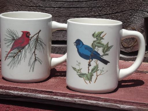 four bird print coffee cups, vintage USA pottery mugs for a birder