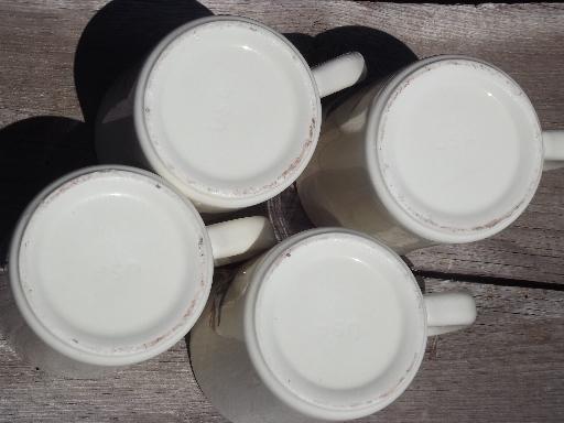 four bird print coffee cups, vintage USA pottery mugs for a birder