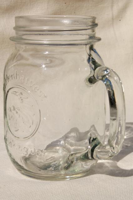 four pints vintage Golden Harvest mason jar mugs, drinking glasses jars w/ cup handles