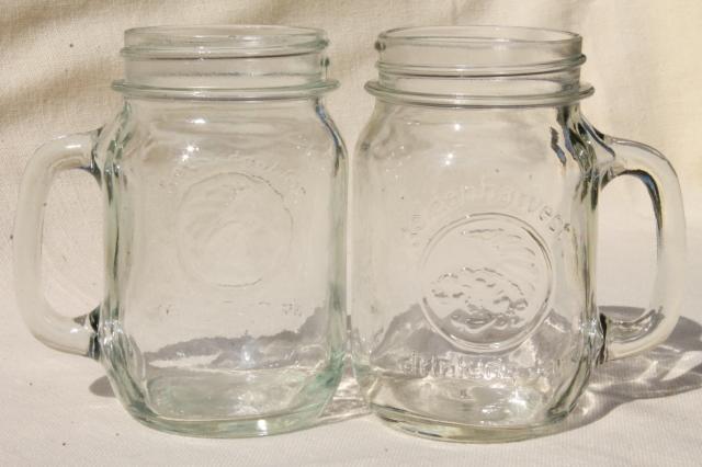 four pints vintage Golden Harvest mason jar mugs, drinking glasses jars w/ cup handles