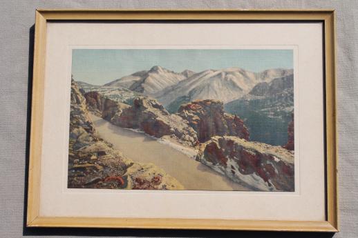 framed vintage linen prints of the Rockies, colored photo landscapes Rocky Mountains