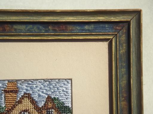 framed vintage needlework picture, cottage scene embroidery in silk thread?