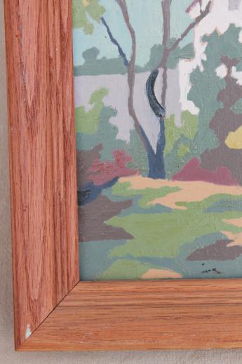 framed vintage paint by number picture, old mill pond scene with rowboat