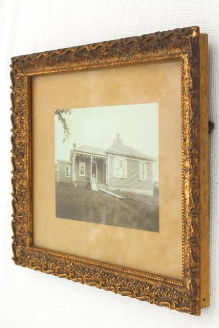 framed vintage photo early Illinois farmhouse settlers couple in antique gold frame