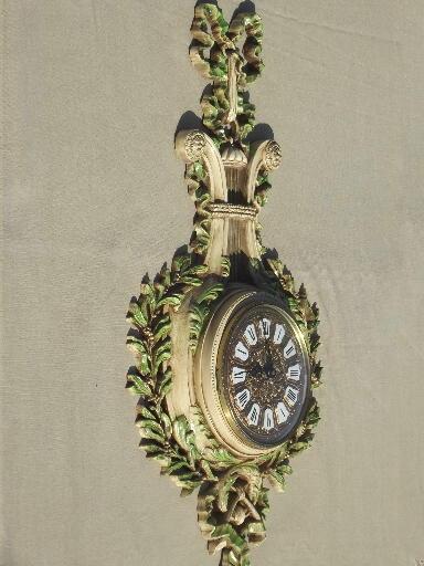 french 'antique' gold baroque Burwood wall clock w/ laurel, from Paris Wisconsin!