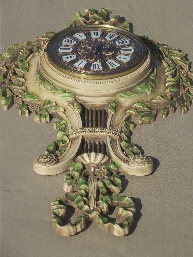 french 'antique' gold baroque Burwood wall clock w/ laurel, from Paris Wisconsin!