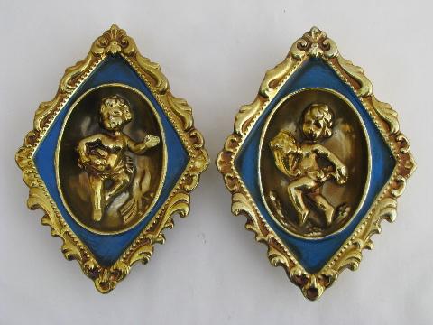french blue & gold china cherubs wall plaques, vintage hollywood regency